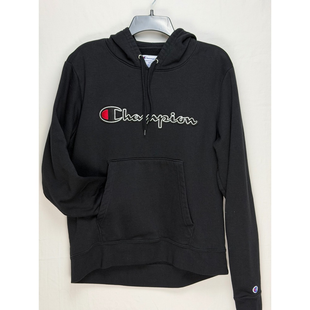 Champion Men 60% Cotton Hoodie Medium Black Script Logo Pullover
